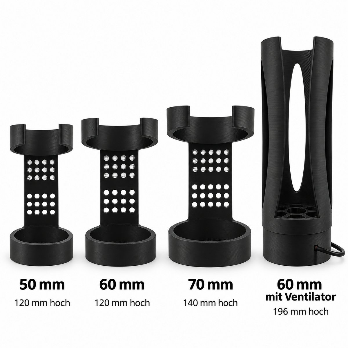 Schalldämpferhalter stehend 50 / 60 / 70 mm – optional mit USB-Ventilator